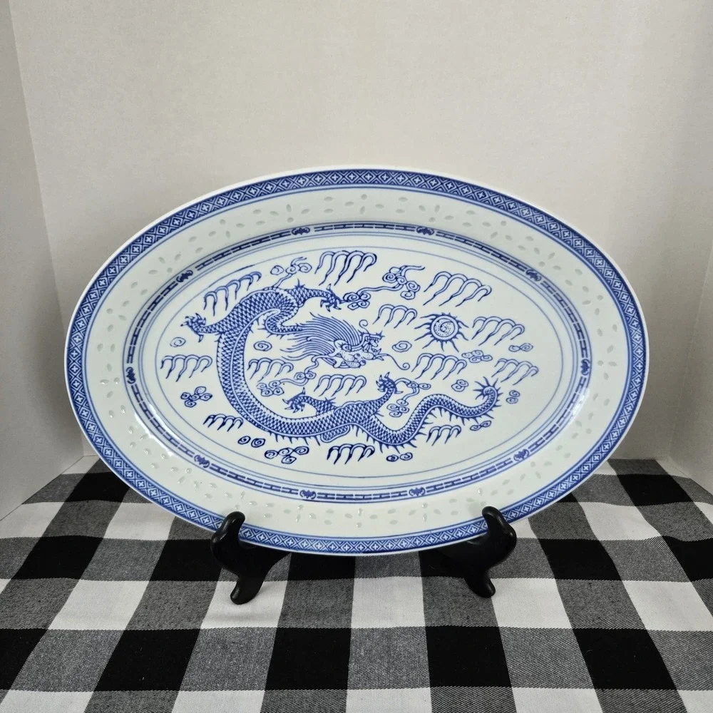 Vintage Jingdezhen Chinese Rice Eye Dragon Oval Large Serving Platter 16